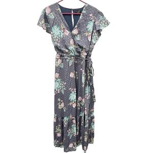 Lane Bryant Dress Women's 18 Flutter Sleeve Surplice Neck Maxi Gray Floral
